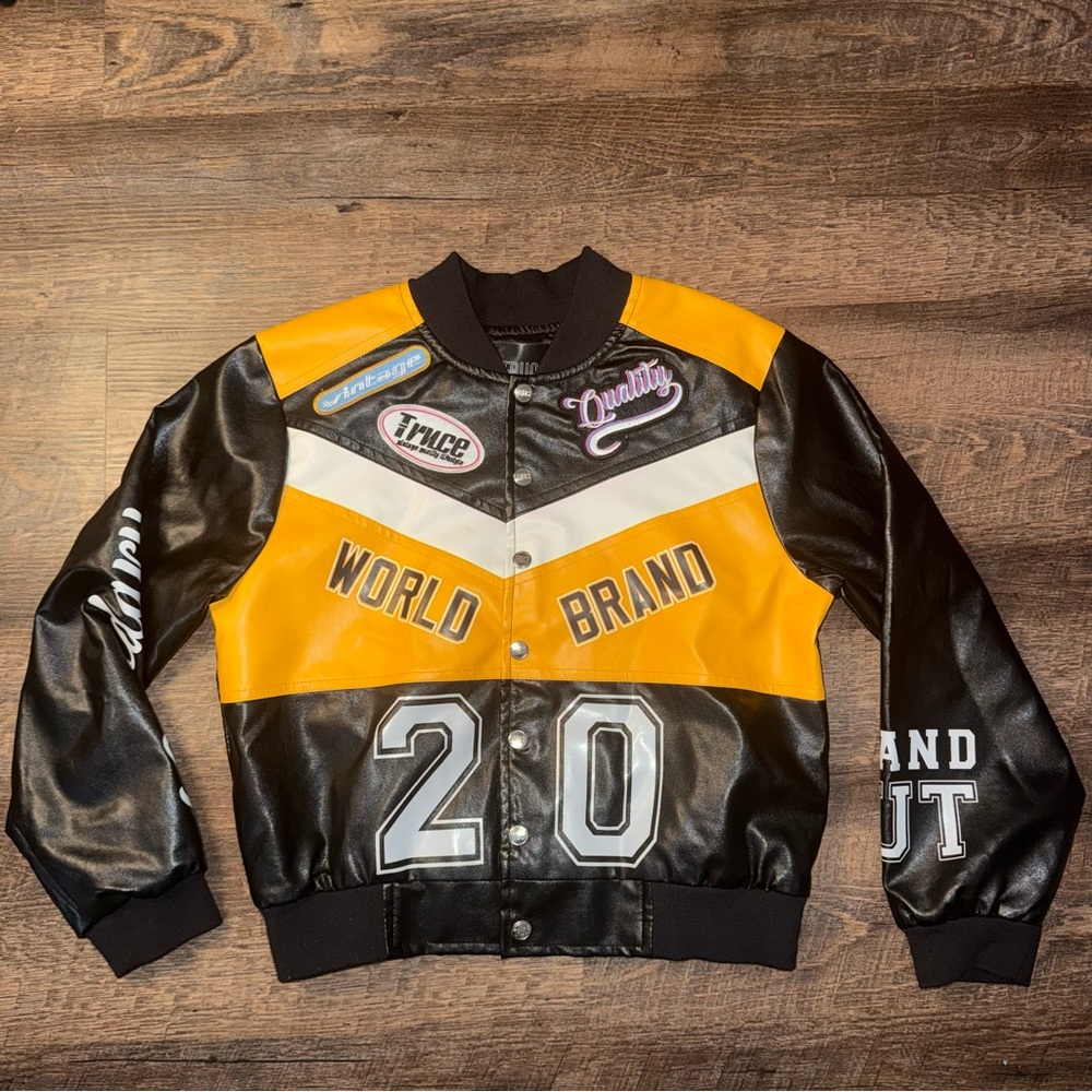 TRUCE Black and Yellow Varsity Motorcycle Jacket Kids Size XL 16